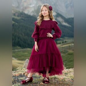 Joyfolie Brigitte Tulle Polka Dot Tiered Skirt Size Girls 8 Burgundy NEW NWT
